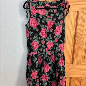 Unique Vintage Black and Pink Floral Midi Dress